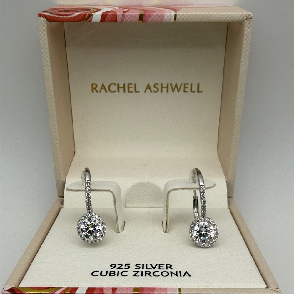 Rachel Ashwell 925 Silver Cubic Zirconia Round Drop Stud Earrings Gift Box